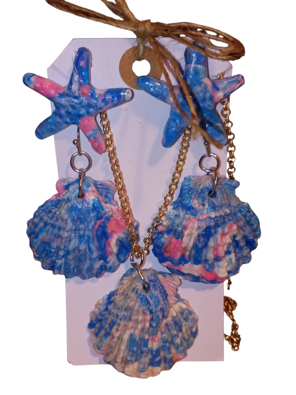 Coastal Vibes  Blue / Pink Shell & Starfish Statement Earrings And Necklace Set - Picture 7 of 14